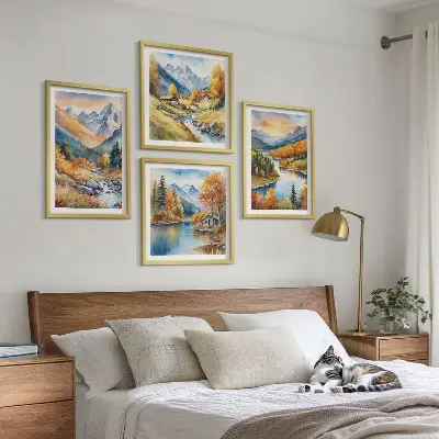 Berglandschaft mit einem Fluss als mehrteiliges Wandbild mit Rahmen