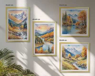 Berglandschaft mit einem Fluss als mehrteiliges Wandbild mit Rahmen