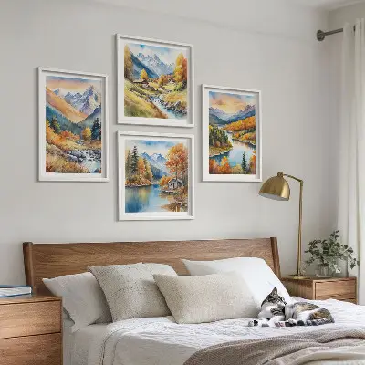 Berglandschaft mit einem Fluss als mehrteiliges Wandbild mit Rahmen