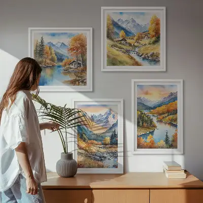 Berglandschaft mit einem Fluss als mehrteiliges Wandbild mit Rahmen