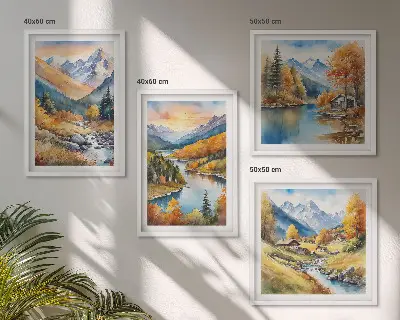 Berglandschaft mit einem Fluss als mehrteiliges Wandbild mit Rahmen