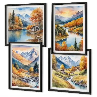 Berglandschaft mit einem Fluss als mehrteiliges Wandbild mit Rahmen