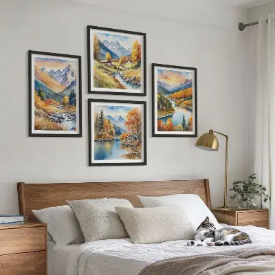 Berglandschaft mit einem Fluss als mehrteiliges Wandbild mit Rahmen