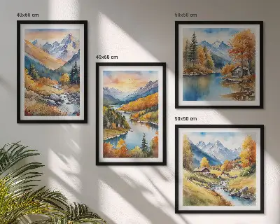Berglandschaft mit einem Fluss als mehrteiliges Wandbild mit Rahmen