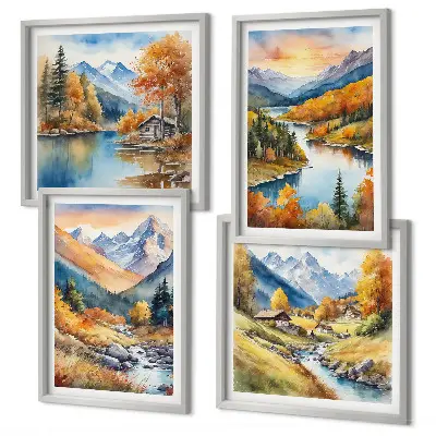 Berglandschaft mit einem Fluss als mehrteiliges Wandbild mit Rahmen