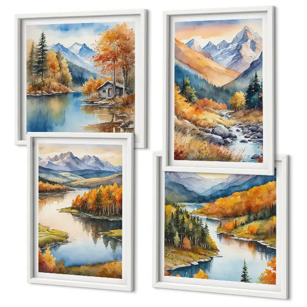 Wanddeko-Set mit Bergblick, Fluss und Herbstlandschaft