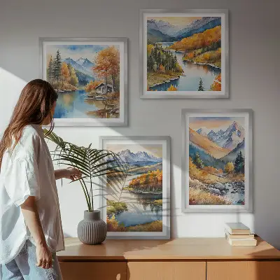 Wanddeko-Set mit Bergblick, Fluss und Herbstlandschaft