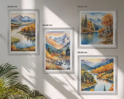 Wanddeko-Set mit Bergblick, Fluss und Herbstlandschaft