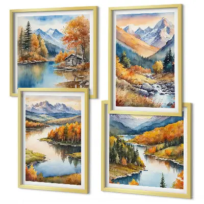 Wanddeko-Set mit Bergblick, Fluss und Herbstlandschaft