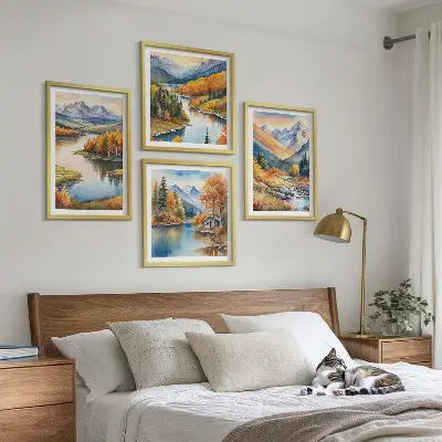 Wanddeko-Set mit Bergblick, Fluss und Herbstlandschaft