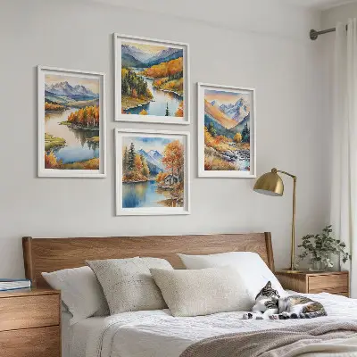 Wanddeko-Set mit Bergblick, Fluss und Herbstlandschaft