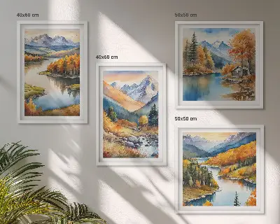 Wanddeko-Set mit Bergblick, Fluss und Herbstlandschaft