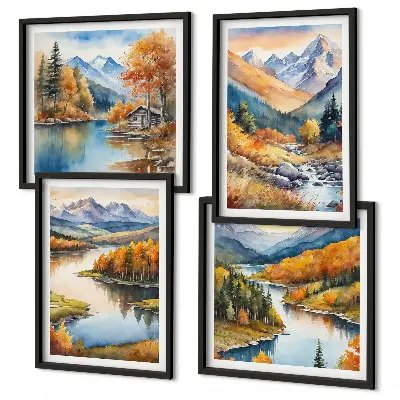 Wanddeko-Set mit Bergblick, Fluss und Herbstlandschaft