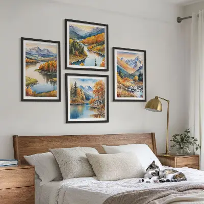 Wanddeko-Set mit Bergblick, Fluss und Herbstlandschaft