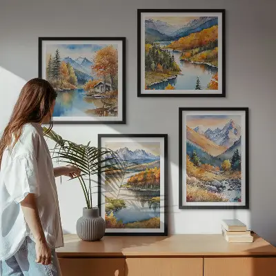 Wanddeko-Set mit Bergblick, Fluss und Herbstlandschaft