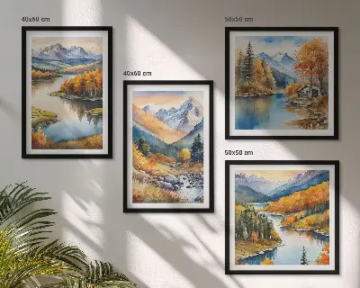 Wanddeko-Set mit Bergblick, Fluss und Herbstlandschaft