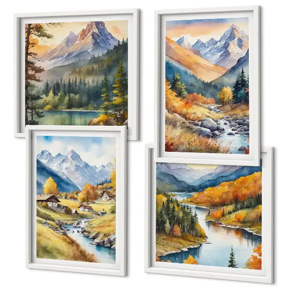 Berglandschaft mit Flusshütten als gerahmtes Polyptychon