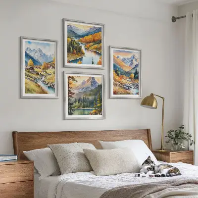 Berglandschaft mit Flusshütten als gerahmtes Polyptychon