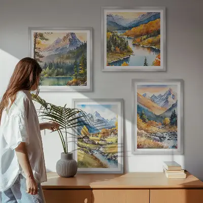 Berglandschaft mit Flusshütten als gerahmtes Polyptychon