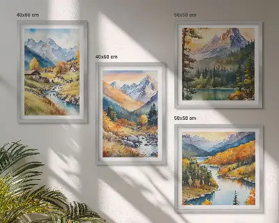 Berglandschaft mit Flusshütten als gerahmtes Polyptychon