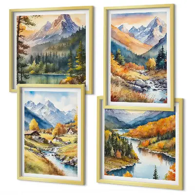 Berglandschaft mit Flusshütten als gerahmtes Polyptychon