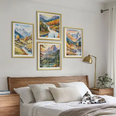 Berglandschaft mit Flusshütten als gerahmtes Polyptychon