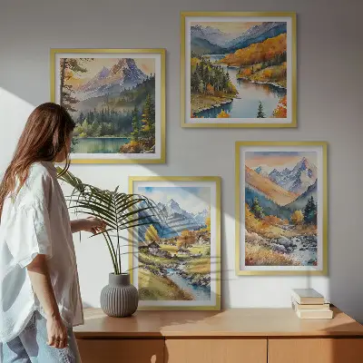 Berglandschaft mit Flusshütten als gerahmtes Polyptychon