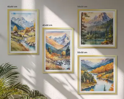 Berglandschaft mit Flusshütten als gerahmtes Polyptychon