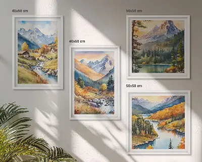 Berglandschaft mit Flusshütten als gerahmtes Polyptychon