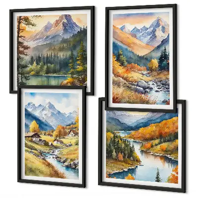 Berglandschaft mit Flusshütten als gerahmtes Polyptychon
