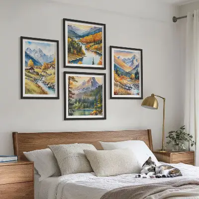 Berglandschaft mit Flusshütten als gerahmtes Polyptychon