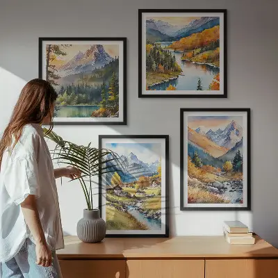 Berglandschaft mit Flusshütten als gerahmtes Polyptychon