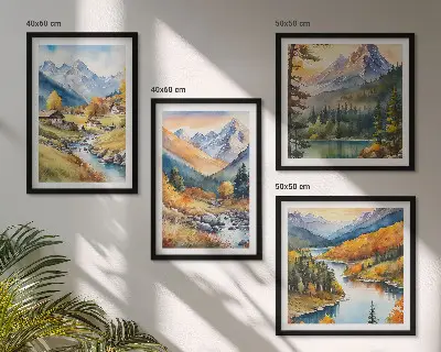 Berglandschaft mit Flusshütten als gerahmtes Polyptychon