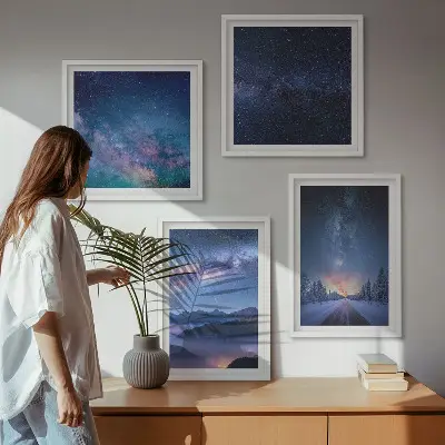 Polyptychon mit Rahmen Nachthimmel mit Bergen im Winter und Weltraummotiv
