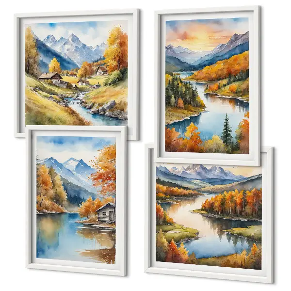 Herbstliche Berge, Flusshütte als Polyptychon mit Rahmen