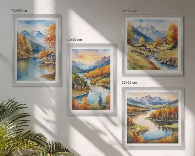 Herbstliche Berge, Flusshütte als Polyptychon mit Rahmen