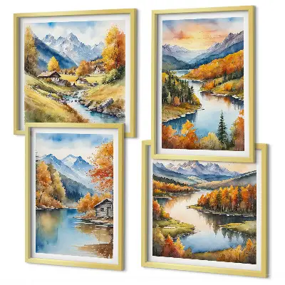 Herbstliche Berge, Flusshütte als Polyptychon mit Rahmen