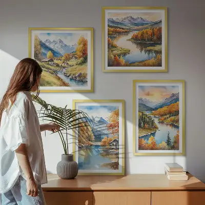 Herbstliche Berge, Flusshütte als Polyptychon mit Rahmen