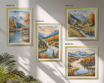 Herbstliche Berge, Flusshütte als Polyptychon mit Rahmen