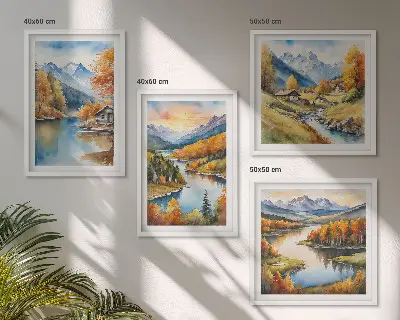 Herbstliche Berge, Flusshütte als Polyptychon mit Rahmen