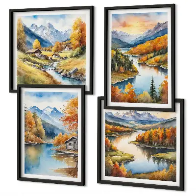 Herbstliche Berge, Flusshütte als Polyptychon mit Rahmen