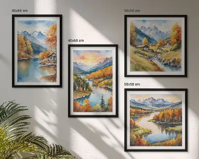 Herbstliche Berge, Flusshütte als Polyptychon mit Rahmen