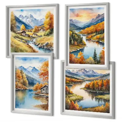 Herbstliche Berge, Flusshütte als Polyptychon mit Rahmen