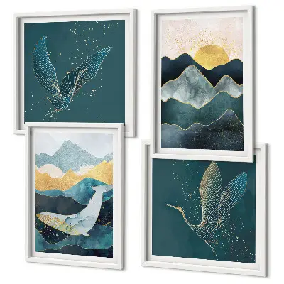 Abstrakte Kranichberge als mehrteiliges Wandbild mit Rahmen