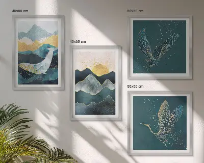 Abstrakte Kranichberge als mehrteiliges Wandbild mit Rahmen