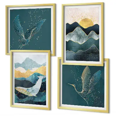 Abstrakte Kranichberge als mehrteiliges Wandbild mit Rahmen