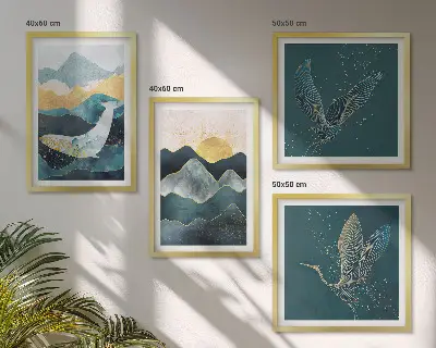 Abstrakte Kranichberge als mehrteiliges Wandbild mit Rahmen