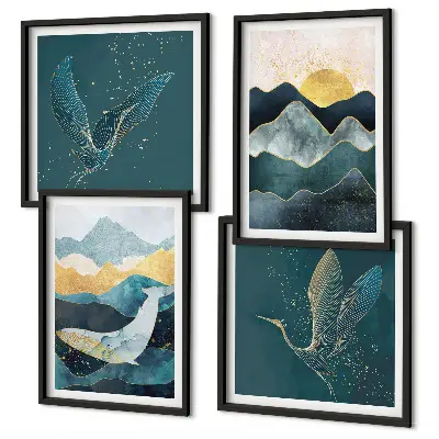 Abstrakte Kranichberge als mehrteiliges Wandbild mit Rahmen