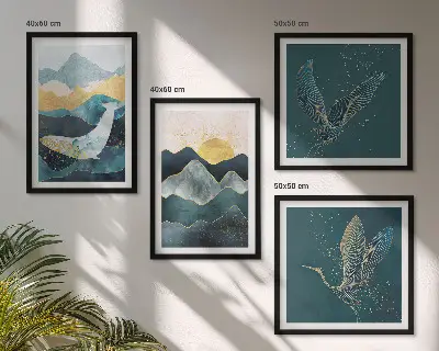Abstrakte Kranichberge als mehrteiliges Wandbild mit Rahmen