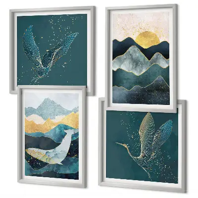 Abstrakte Kranichberge als mehrteiliges Wandbild mit Rahmen